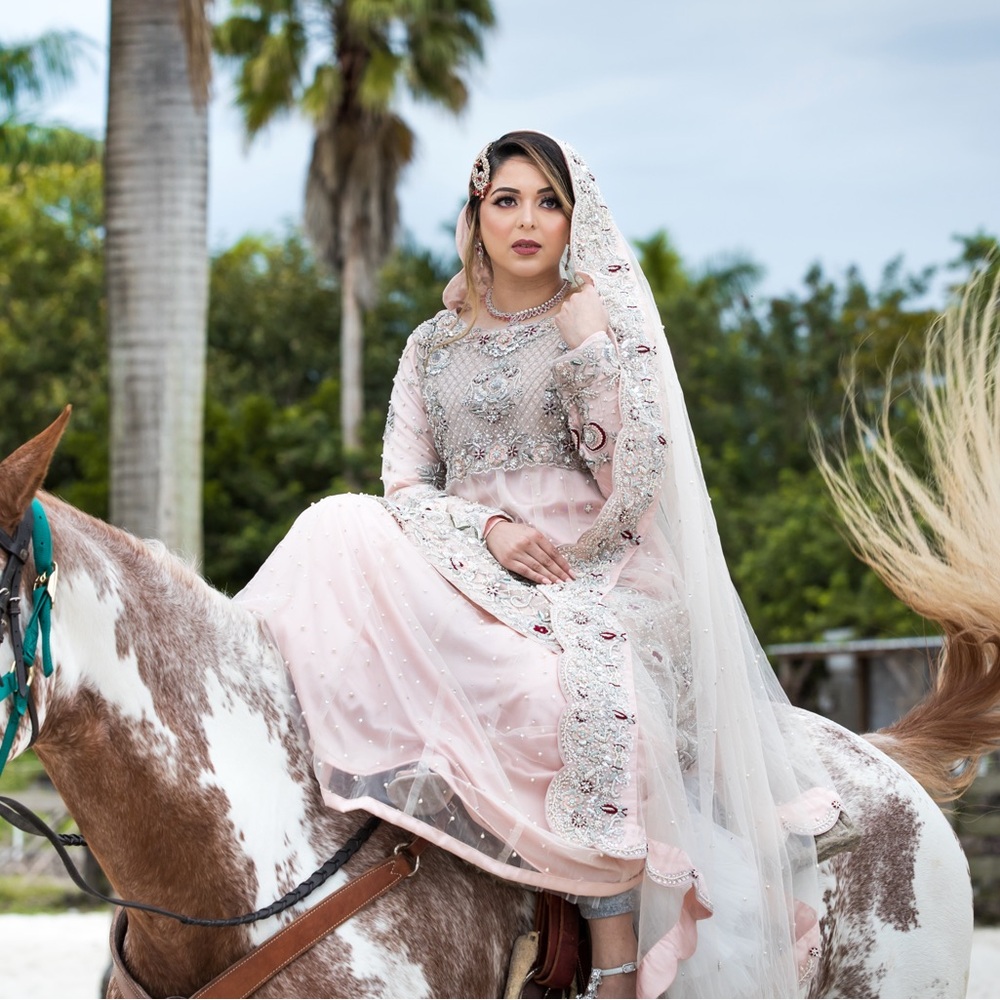 Pink Embellished Bridal Gown with 3/4 Sleeves